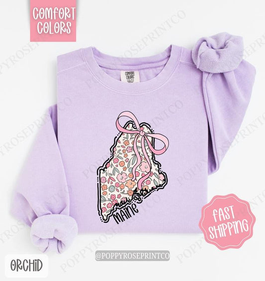 Maine Floral Comfort Colors Sweatshirt, Maine Sweatshirt, Cute Bow Maine Sweatshirt