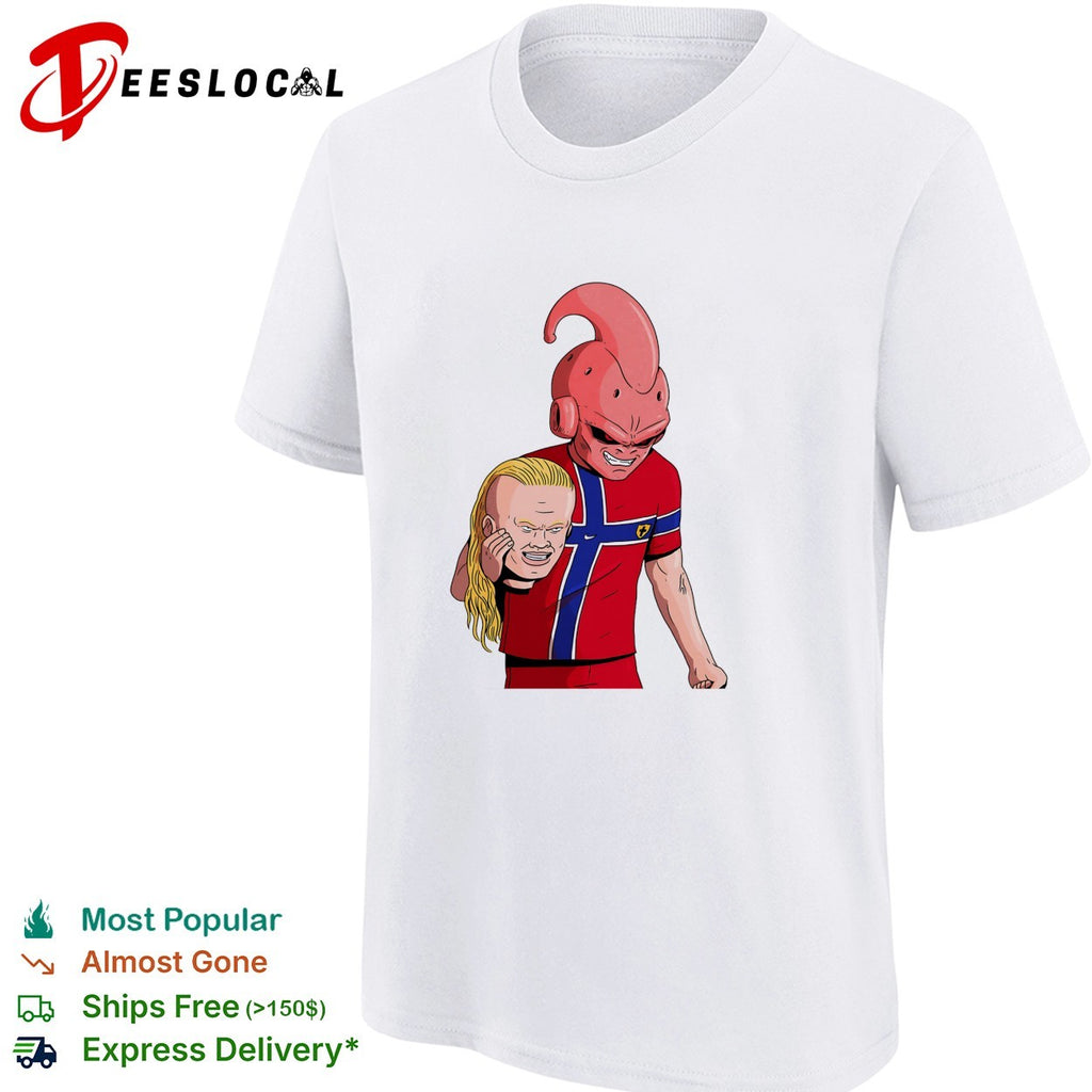 Majin Buu holding Erling Haaland head Norway shirt