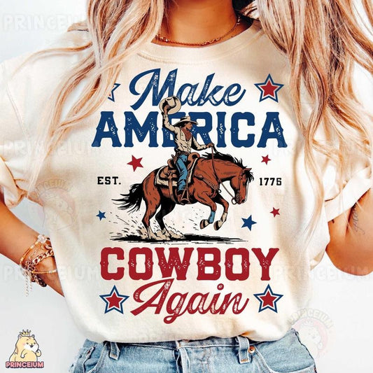 Make America Cowboy Again Shirt, Western Patriotic Shirt, USA Rodeo 4th of July Cowboy Country T-Shirt Trending Funny Quote Shirt