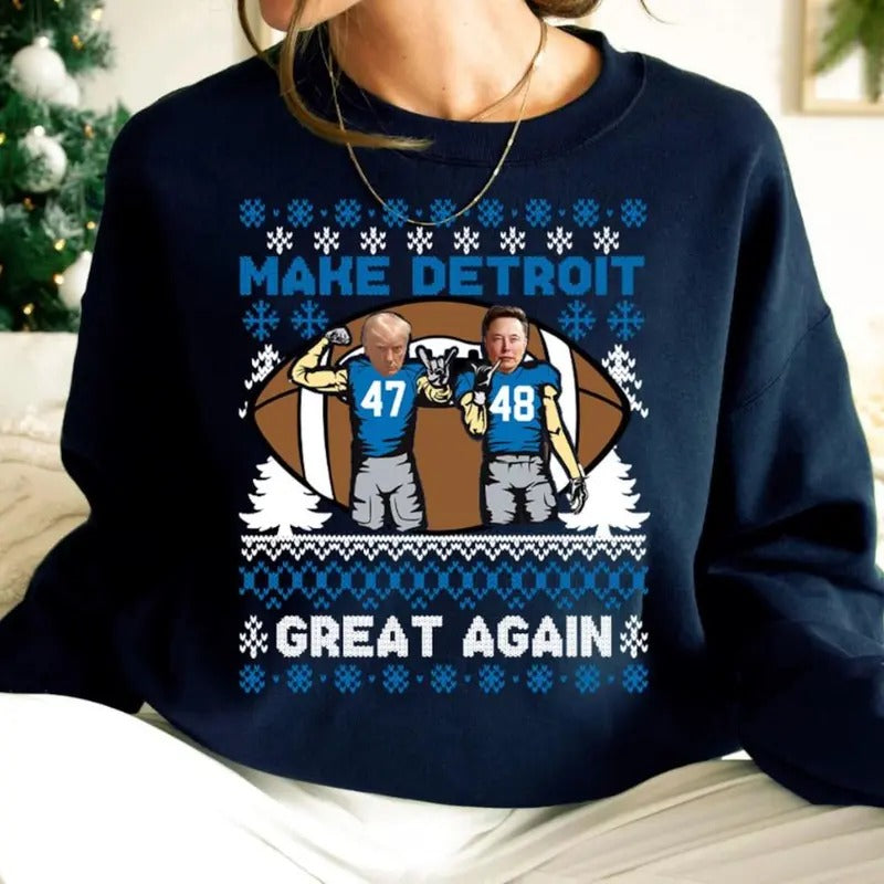 Make Detroit Football Great Again Ugly Christmas Sweatshirt, Trump And Detroit Football Team Vintage Ugly Shirt, Christmas Gifts for All Casual