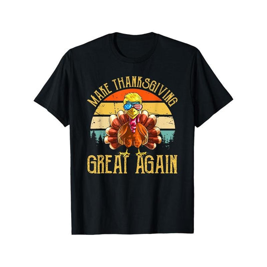 Make Thanksgiving Great Again" Trump Turkey Graphic Tee - Cotton Blend, Casual Fit, Short Sleeve, Round Neck