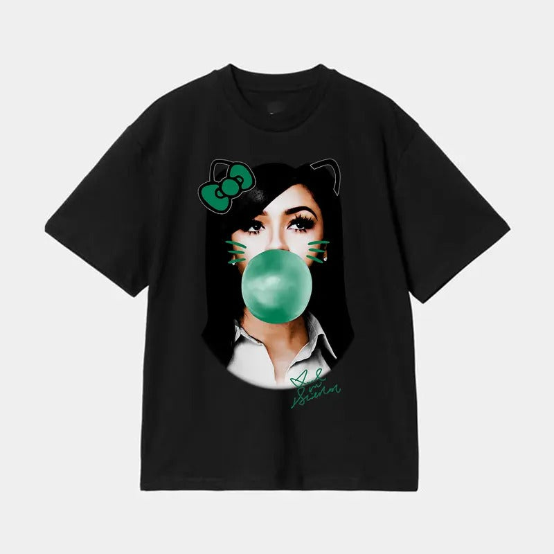 Make a Statement with Mariah Green Kitty Bubble Gum Big Face Rap Tee Shirt