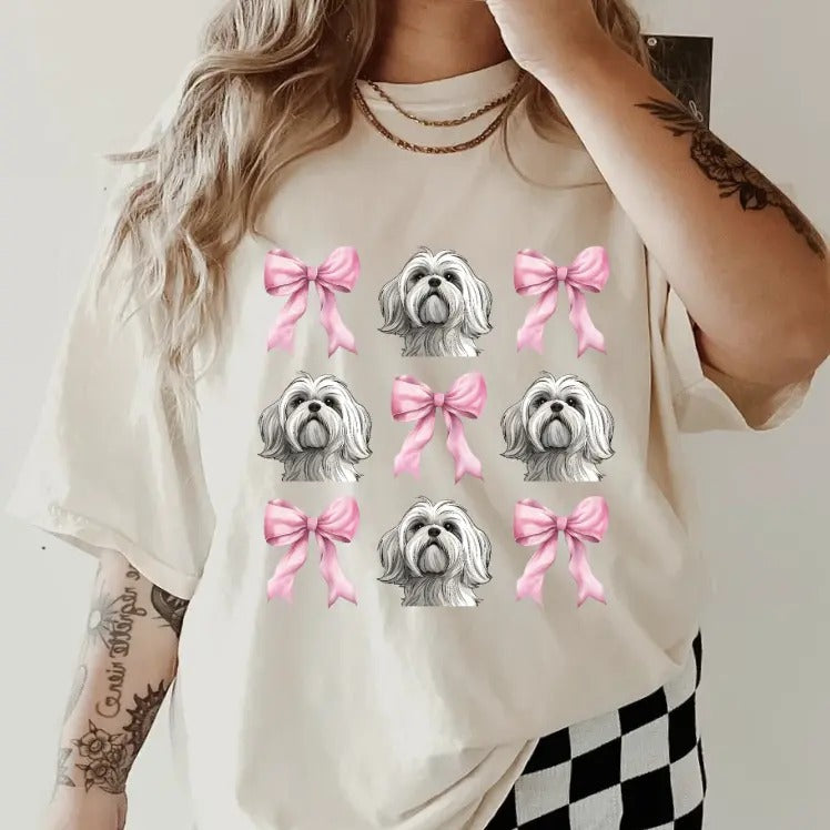 Maltese and bows Shirt~ Unisex Apparel Relaxed Fit Printed In The USA Clothing Womenswear Casual Comfort Cotton Top Athletic Boho Chic