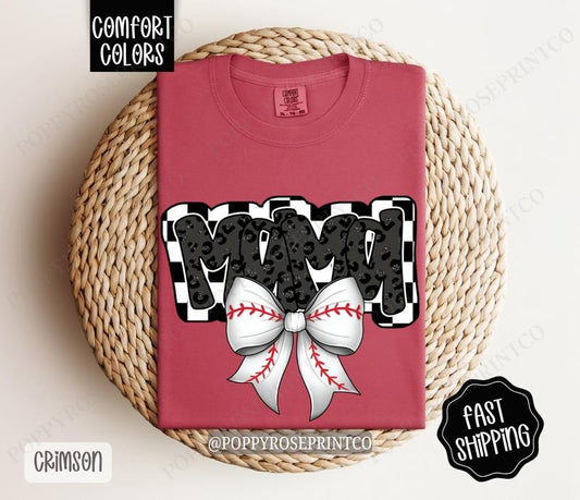 Mama Baseball Bow Comfort Colors T-shirt, Baseball Mom Shirt, Baseball Mama Tee