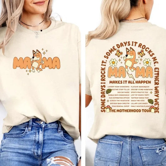 Mama Bluey Rock Style Vintage Unisex 2 Side Tshirt, Cute Bluey Mom Retro Shirt, Best Mom Ever Tee, Mothers Day Shirt, Unisex T-Shirt, Gifts For Girl, Short Sleeve Tee Shirt, Gifts For Birthday Mothers Day