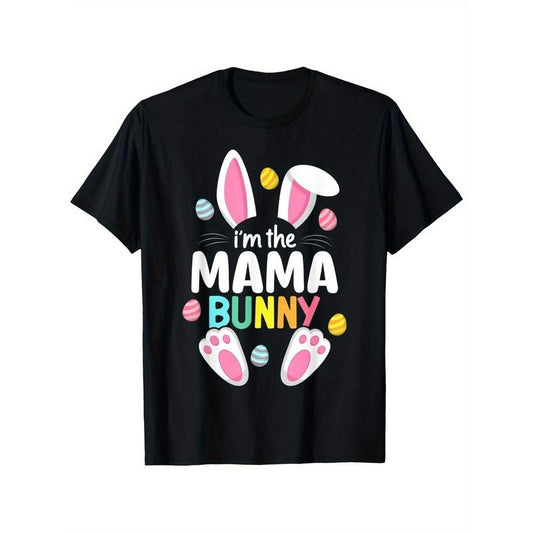 Mama Bunny Easter Family Matching Outfit Rabbit Egg Hunt T-Shirt, 100% Cotton, Single Side Printed, Black Short Sleeve T-shirt, Birthday Festivals Gift for Men Women Family Friends, S-XXXL, 1pc, Fabric Weight 180g made in usa
