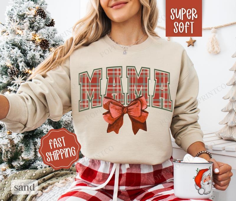 Mama Christmas Sweatshirt, Merry Christmas Sweater for Mom, Women's Holiday Crewneck