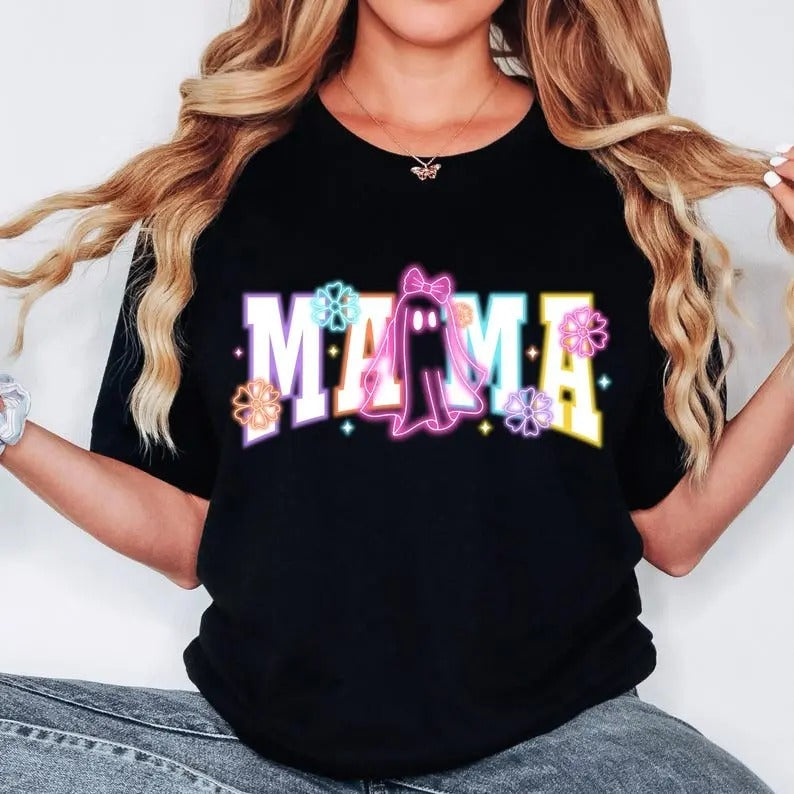 Mama Coquette Halloween Neon Shirt, Spooky Mama Sweatshirt, Floral Ghost Tee, Spooky Season T-shirt, Halloween Mama , Girly Coquette Bow T-shirt