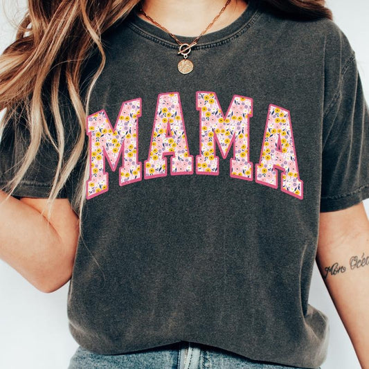 Mama Floral Varsity (comfort color t-shirt, unisex runs true to size, mama shirts, gift for mama) Fabric Fit