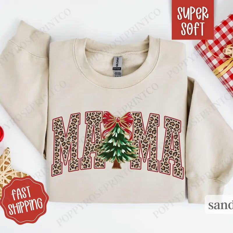 Mama Leopad Christmas Sweatshirt, Mom Christmas Crewneck,  Womens Holiday Sweater
