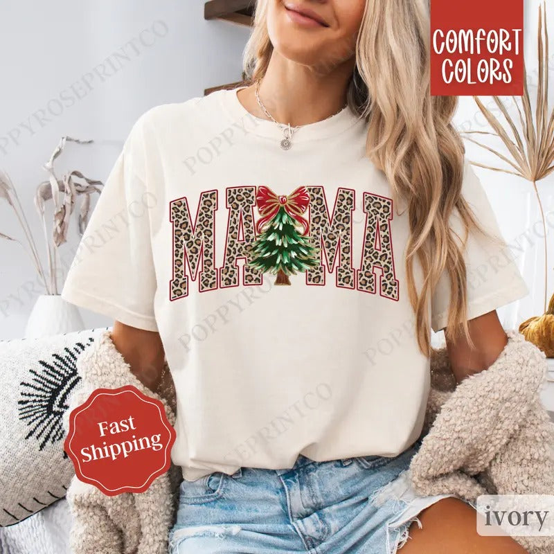 Mama Leopard Christmas Shirt, Mom Christmas Tee,  Womens Holiday Tshirt, Gift for Mom