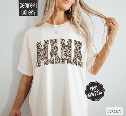 Mama Leopard Shirt Comfort Colors, Mother's Day Gift for Mom, Mama Varsity Leopard Letters Shirt, Cute Mom Shirt, Oversized Mama Tshirt