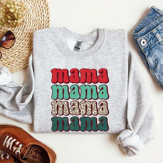 Mama Mama Mama Mama Christmas, Retro, Leopard Print, Winter, Santa, Xmas Sweatshirt, Women's Crew Neck, Crewneck...