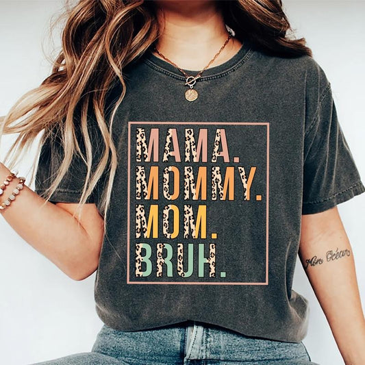Mama Mommy Mom Bruh Shirt, Cool Moms Club Shirt, Motherhood Leopard Letters Printed T-shirt, Funny Mama Comfort Shirts, Soft Fabric Shirt For Mom, Mother's Day Gifts, Women's Tops, Womenswear Cotton Fabric Relaxed Fit Chic Style
