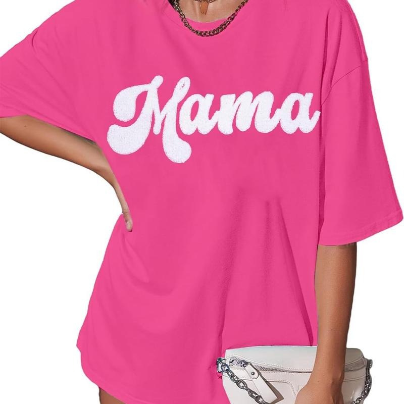 Mama Oversize Shirt Mom T-Shirt Women Cute Mama Towel Embroidery Graphic T-Shirts Casual Mommy Gift T-Shirt Short Sleeve Comfort Light