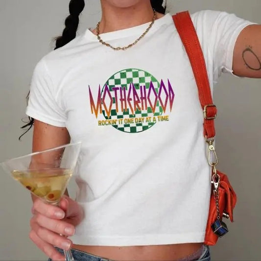 Mama Rockin' Graphic Basic Print Baby tee, Vintage Motherhood Rockin' It Baby tee, Rock and Roll Skeleton Hand Tee, Mothers Day Gift