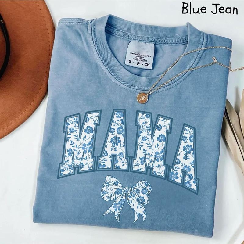Mama Toile Bow Shirt, Blue Ribbon Shirt, Mothers Day Sweater, Girly Aesthetic Gift For Mom, Cute Mom Sweatshirt,  Mama Bow Shirt, Chinoiserie Shirt
