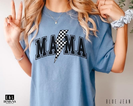 Mama Varsity Shirt, Comfort Colors Tee, Checkered Mom Tee, Mother's Day Gift, Trendy Lightning Bolt Mama Tshirt, Baby...