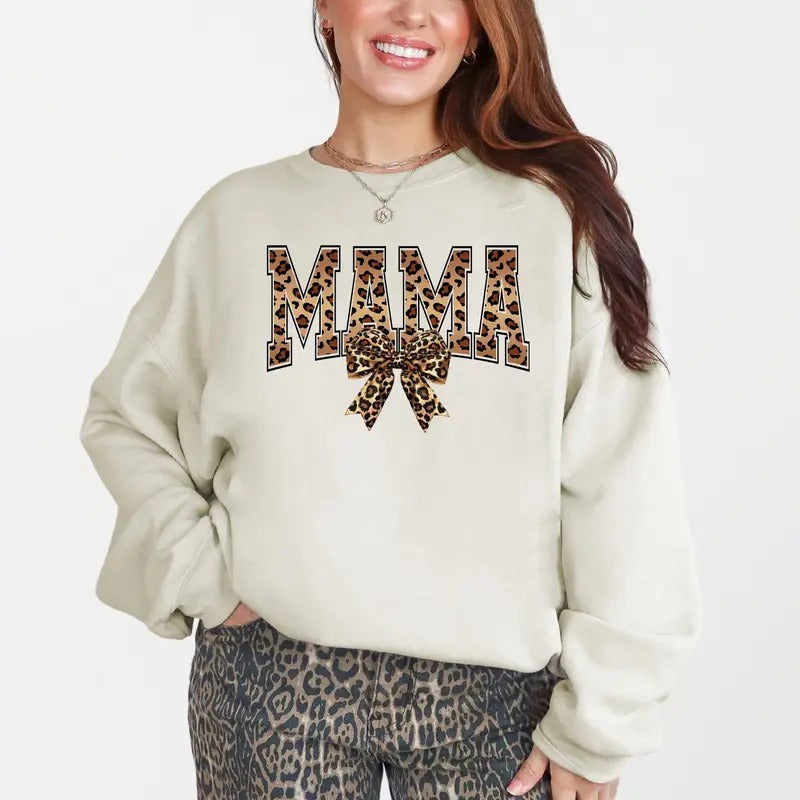 Mama, Leopard Print, Bow, Ribbon, Mother's Day Sweatshirt, Crew Neck, Women's, Crewneck T-Shirts, Hoodie | WearSparks.com