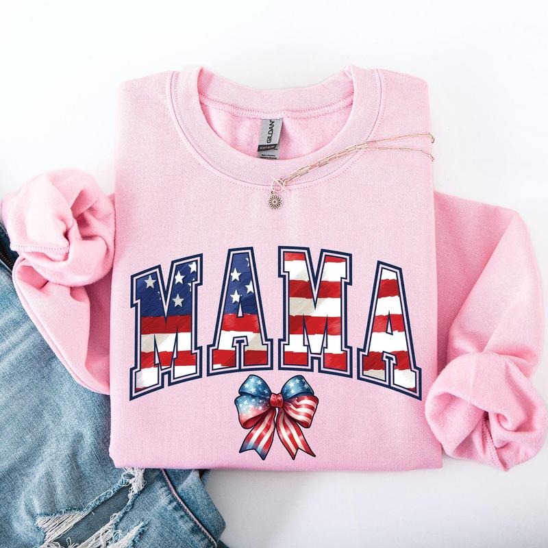 Mama, USA Flag, Patriotic, Varsity, Bow, Ribbon, America, 4th of July Sweatshirt, Crew Neck, Women's, Crewneck