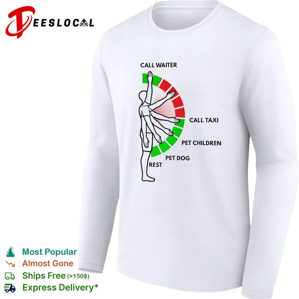 Man arm positions call waiter call taxi pet children pet dog rest shirt