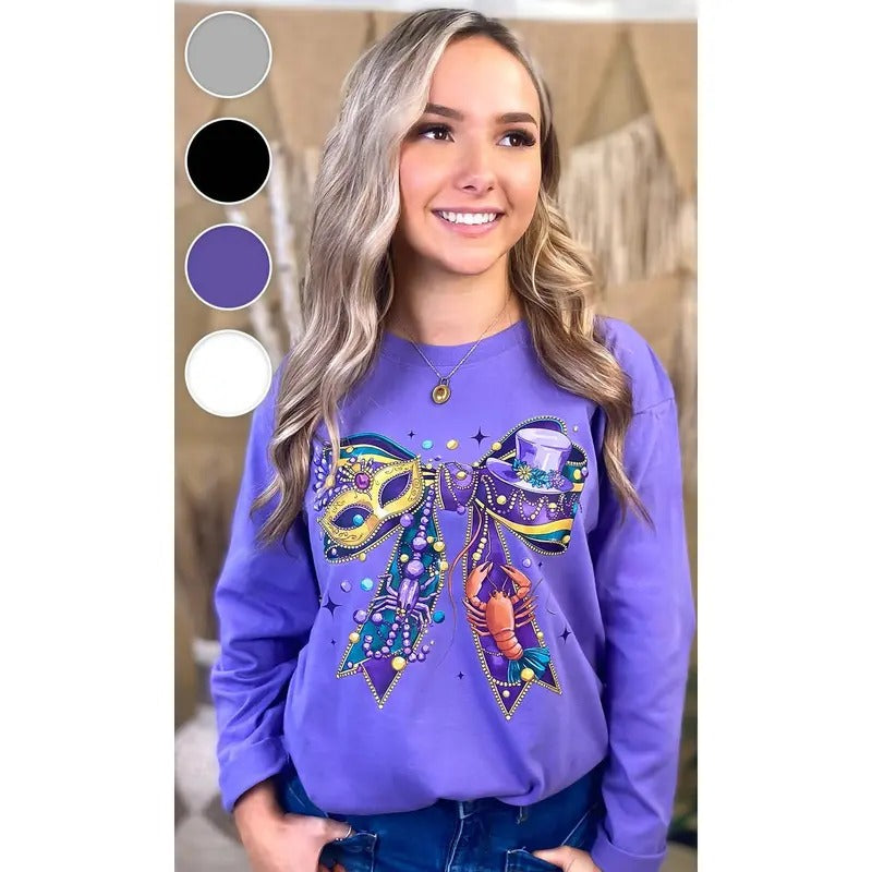 Mardi Gras Bow Graphic Long Sleeve T-Shirt Hoodie, Sweatshirt | WearSparks.com