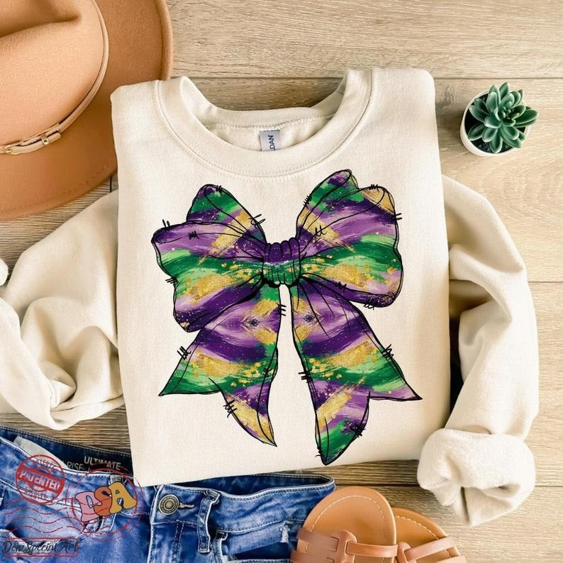 Mardi Gras Coquette Bow Sublimation sweatshirt-hoodie-tshirt, Mardi Gras Shirt, Louisiana Festival sweatshirt, Carnival Glitter Bow hoodie, Mardi Gras tshirt