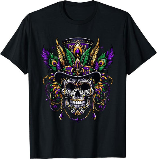Mardi Gras Skull Top Hat New Orleans Witch Doctor Voodoo T-Shirt | Unisex Cotton Tee Gift | Full Size