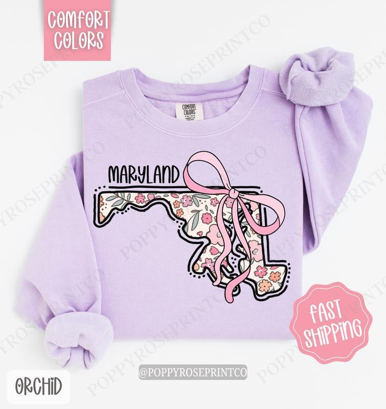 Maryland Floral Comfort Colors Sweatshirt, Maryland Sweatshirt, Cute Bow Maryland Sweatshirt