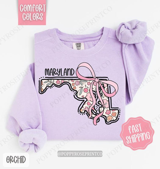 Maryland Floral Comfort Colors Sweatshirt, Maryland Sweatshirt, Cute Bow Maryland Sweatshirt