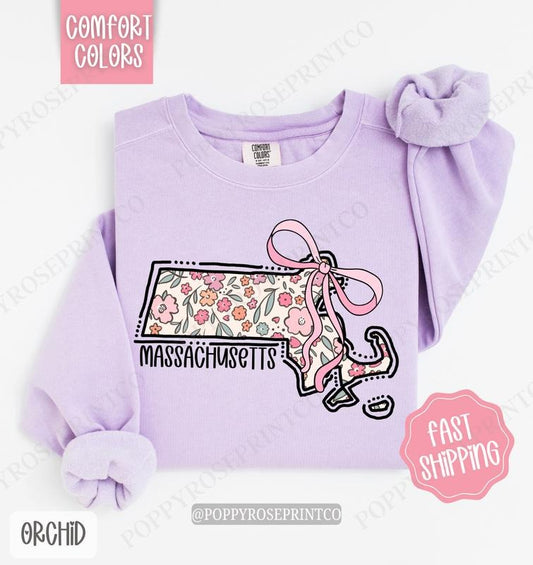 Massachusetts Floral Comfort Colors Sweatshirt, Massachusetts Sweatshirt, Cute Bow Massachusetts Sweatshirt