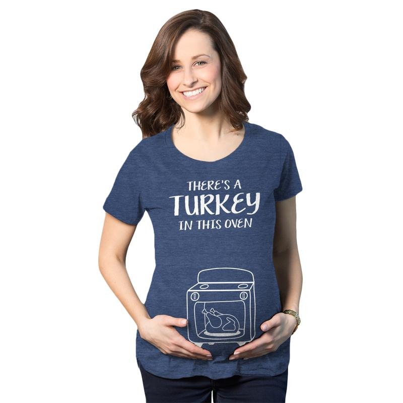 Maternity Theres A Turkey In This Oven Pregnancy T Shirt Funny Thanksgiving Tee Funny Graphic Maternity Tee Cute Pregnancy Tees With Plus Sizes Thanksgiving Maternity Wear Funny Food Short Sleeve Navy