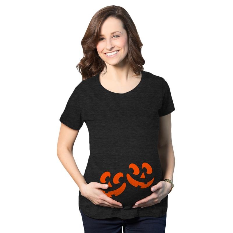 Maternity Twin Pumpkin Faces T Shirt Cute Halloween Jack-O-Lantern Pregnancy Tee Funny Graphic Maternity Tee Cute Pregnancy Tees With Plus Sizes Halloween Maternity Wear Funny Maternity Shirts Black