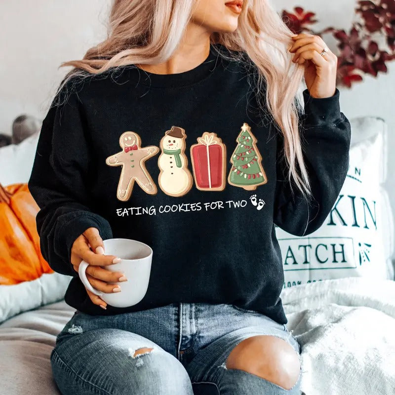 Maternity Xmas Sweatshirt, Pregnant Holiday Shirt, Gingerbread Cookie Reveal Tee, Unisex Size - Pullover, Fabric