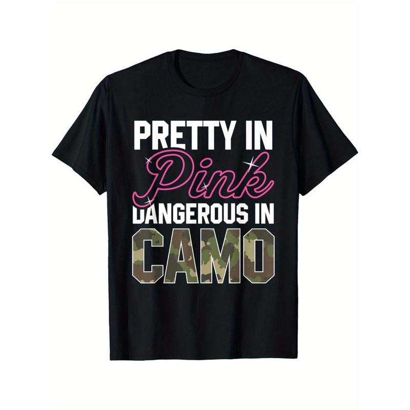 Mature Style Cotton T-Shirt - Geometric Pink Camo Graphic, Crew Neck, Short Sleeve, Regular Fit, All-Season Casual Pullover for Adult - 100% Cotton Knit Fabric Made in USA