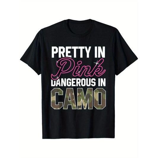 Mature Style Cotton T-Shirt - Geometric Pink Camo Graphic, Crew Neck, Short Sleeve, Regular Fit, All-Season Casual Pullover for Adult - 100% Cotton Knit Fabric Made in USA