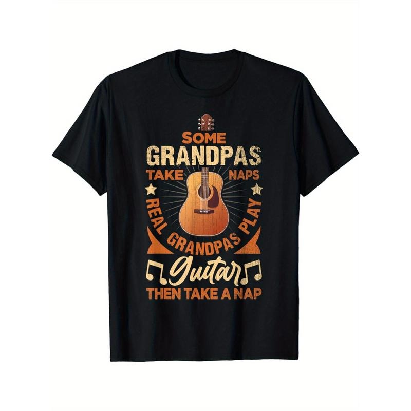 Mature Style Cotton T-Shirt, Geometric-Patterned Guitarist Design, Crew Neck, Short Sleeve, Regular Fit, All-Season Comfort - Ideal for Daily & Casual Wear Made in USA