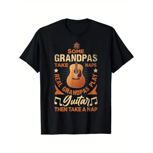 Mature Style Cotton T-Shirt, Geometric-Patterned Guitarist Design, Crew Neck, Short Sleeve, Regular Fit, All-Season Comfort - Ideal for Daily & Casual Wear Made in USA