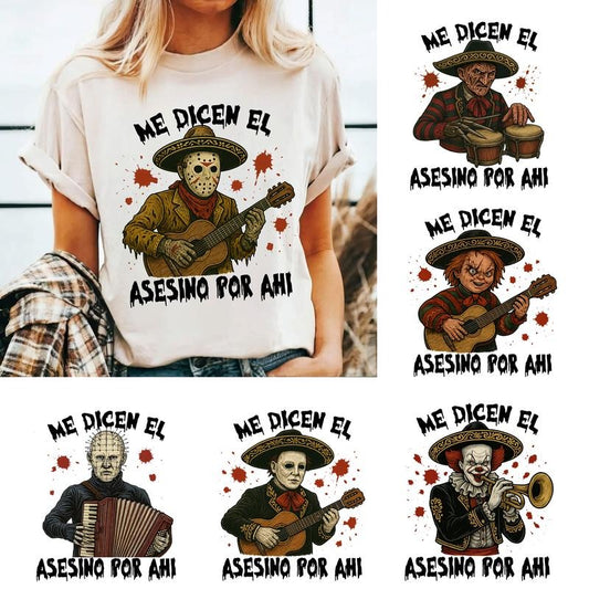 Me Dicen El Asesino Por Ahi Halloween T-Shirt, Scary Movie Characters Shirt, Funny Killer Breakfast Shirt, Spooky Crunch Costume, Charm Zombie