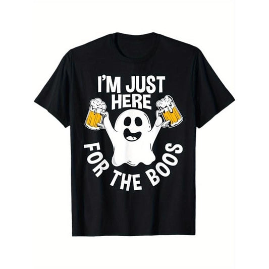 Men Funny Halloween I'm Just Here For The Boos Gift T-Shirt, 100% Cotton, Gift for Men Women Dad Mom Friends, S-XXXL, Black made in usa