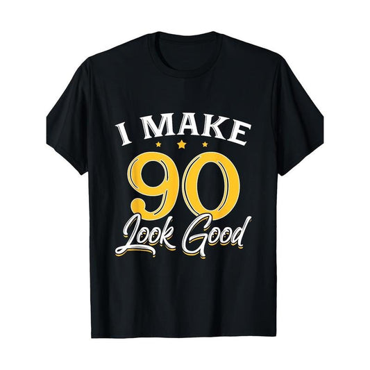 Men'S 90th Birthday T-Shirt, 100% Cotton, Regular Fit, Short Sleeve, Crew Neck, Casual Geometric Pattern Tee, Digital Print, All Seasons - Black Made in USA