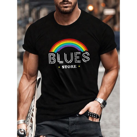 Men'S Casual Cotton T-Shirt with Blues Store Rainbow Print - Crew Neck, Slight Stretch, Knit Fabric, Regular Fit for...