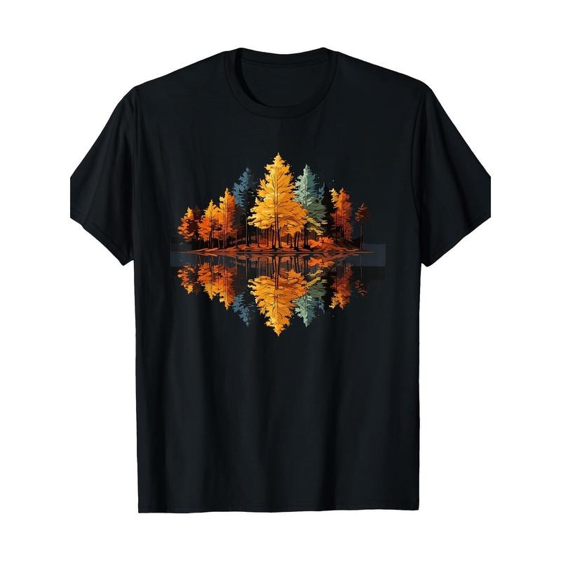 Men'S Casual Cotton T-Shirt with Geometric Forest Reflection Print, Round Neck, Short Sleeve, Regular Fit, Digital Print Design, Suitable for All Seasons Made in USA