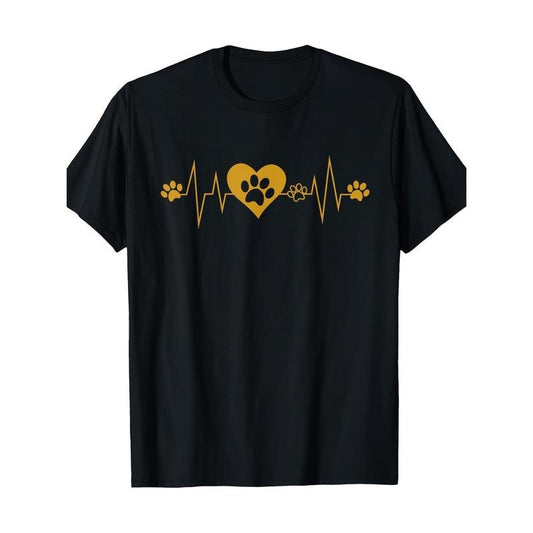 Men'S Casual Cotton T-Shirt with Paw Print Heartbeat Design, Short Sleeve Crew Neck, Digital Print, Basic Style, Regular Fit, All Seasons - 100% Cotton Made in USA