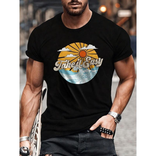 Men'S Cotton Applique T-Shirt, Casual Crew Neck, Slight Stretch Knit Fabric, Summer Top with Printed Design for Running, Yoga, Going Out, and Weekend Casual Wear Made in USA