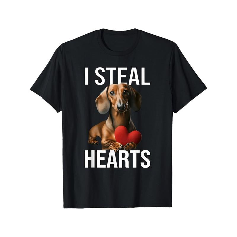 Men'S Cotton Crew Neck T-Shirt with Dachshund "I Steal Hearts" Print, All-Season Short Sleeve Tee, Regular Fit, Geometric Pattern, Knit Fabric, Casual Daily Wear Made in USA