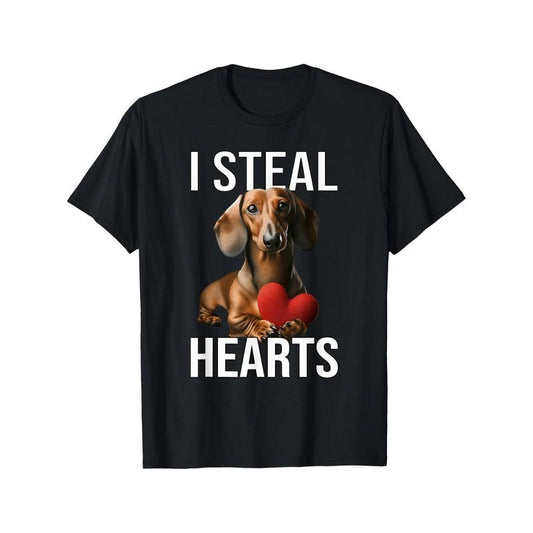 Men'S Cotton Crew Neck T-Shirt with Dachshund "I Steal Hearts" Print, All-Season Short Sleeve Tee, Regular Fit, Geometric Pattern, Knit Fabric, Casual Daily Wear Made in USA