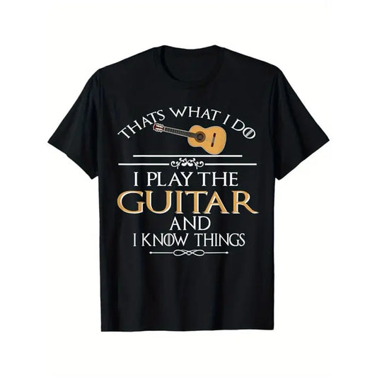 Men'S Cotton Crew Neck T-Shirt with Guitar Print - Casual Short Sleeve Graphic Tee for All Seasons, Medium Stretch Knit Fabric, Daily & Casual Wear Made in USA