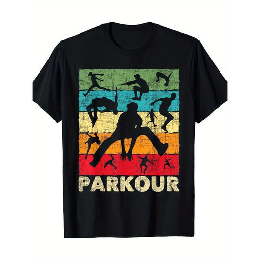 Men'S Parkour Cotton T-Shirt, Casual Short Sleeve Crew Neck Tee with Geometric Free Runner Print, Digital Heat Transfer Design, Regular Fit for All Seasons Made in USA