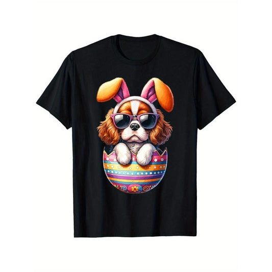 Men's  Easter T-Shirt with Cavalier King Charles Spaniel in Bunny Ears Design, Soft and Comfortable, Black Round Neck, Sizes S-XXXL - Ideal for Dog Lovers, Seasonal Clothing | Playful Print | 100% Cotton Shirt made in usa
